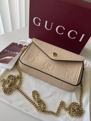 new authentic gucci cream GG supreme mini wallet on chain crossbody bag - Image 1 of 4