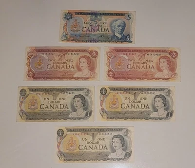 BILLETES DE BANCO DE 5 - 2 - 1 DÓLAR Canadá vintage años 70 - Valor nominal $12,00 Foto 1 de 4