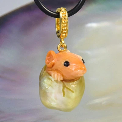 Ratte IN Süd See Perle Anhänger Geschnitzter Aprikose Muschel Vermeil Sterling - Bild 1 von 4