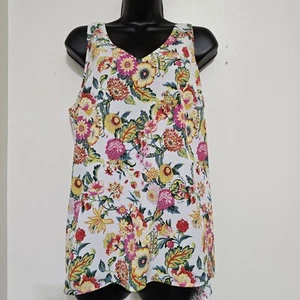 DALIA Sleeveless Floral V Neck Boho Spring Hippie Garden Blouse L White Multi - Picture 1 of 11