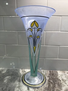 Art Nouveau Hand-Painted Floral Motif Frosted Glass Trumpet Vase, 11.5” PO-VG+ - Picture 1 of 9