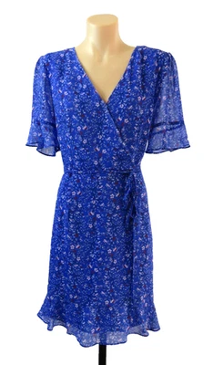 TOKITO Dress Womens Size 12 Blue Floral Belt Short Sleeve Faux Wrap Boho Gypsy - image 1 of 4