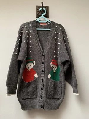 Vintage RENE DERHY Cardigan Size 8 /10 Fun Kitsch Xmas Teddy Bears 50% Wool - Image 1 of 4
