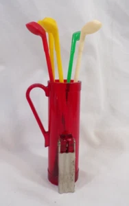 Plastic Golf Club -6Swizzle Sticks In Golf Bag With Corkscrew Vintage - Picture 1 of 4
