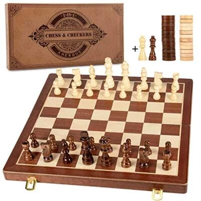 2 in 1 Magnetic Wooden Chess & Checkers Set 15 In, Folding Board Gift Box Packed - Image 1 of 4