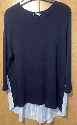 TU Knitwear Navy Fine Knit Long Sleeve Jumper With Striped Blouse Hem UK14 - Image 1 of 4