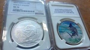 PAIR RARE 2016 TOKELAU ISLANDS HAKULA SAILFISH OZ Silver $5 Coin NGC 70 - Picture 1 of 5