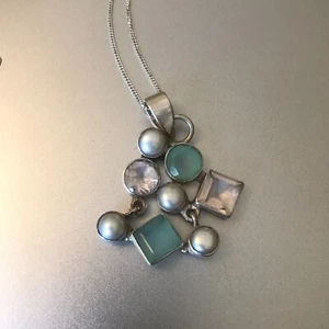 Sterling silver pendant rose quartz, Chalcedony , Pearl Vintage Sterling chain a - Picture 1 of 23