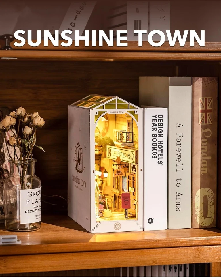 Rolife Sunshine Town DIY Wooden Book Nook Bookshelf Insert Miniature Dollhouse