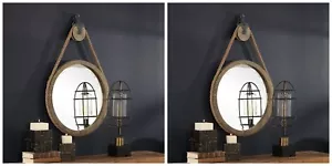 PAIR DESIGNER WESTERN INDUSTRIAL 25" WALL VANITY MIRRORS PULLEY STYLE HANGER - Picture 1 of 6