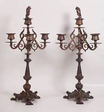Paar antike seltene Kerzenhalter Kandelaber Eule Kauz Gluttöter Messing Bronze