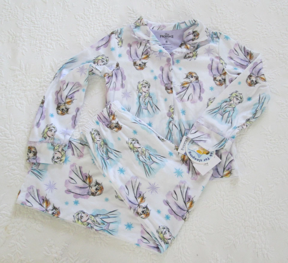 Disney Frozen II Elsa Anna Crianças Meninas 2 Peças Manga Longa Branco PJ Conjunto Tamanho 8 - Imagem 1 de 4