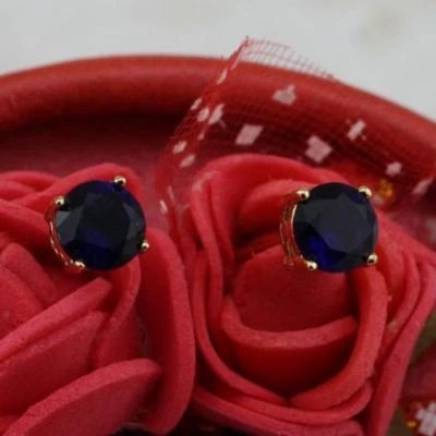 Pretty Yellow Gold Filled 4 Prong Set 7mm Round Dark Navy Blue CZ Stud Earrings - Image 1 of 4