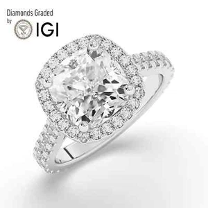 Lab-grown Cushion Solitaire Diamond Halo Engagement Ring 18k White Gold 11.40 CT - Picture 1 of 19