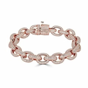 Icy Hip Hop Rolo Bracelet Rose Gold Plated Real Solid 925 Silver CZ 12mm - Picture 1 of 12