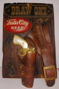 Vtg FALLS CITY BEER Display Advertising Sign Western Gun & Holster DRAW ONE Rare - Picture 1 of 24