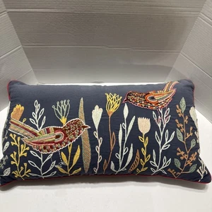 Embroidered Cotton Floral Birds Throw Pillow Rectangle Blue Colorful 25"x13" - Picture 1 of 14