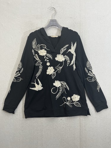VETEMENTS Felpa con cappuccio donna morbida Dintorni piccola nera ricamata colibrì floreale