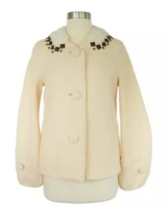 Rebecca Taylor $480 Ivory White Fur Metal Stud Trim Coat Jacket Size  8 - Picture 1 of 7
