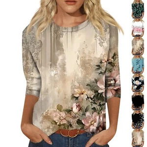 Women's Summer Print 3/4 Sleeve Ladies Round Neck Casual Blouse Tops T Shirt 12 - Picture 1 of 36