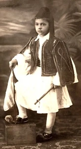 ADORABLE GREEK BOY : TRADITIONAL CLOTHING : GREEK FLAG : ALBANY, NEW YORK : RPPC - Picture 1 of 3