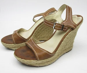 Via Spiga Brown Leather Espadrille Wedge Buckle Beach Sandals Women's Size 5.5 - Picture 1 of 7