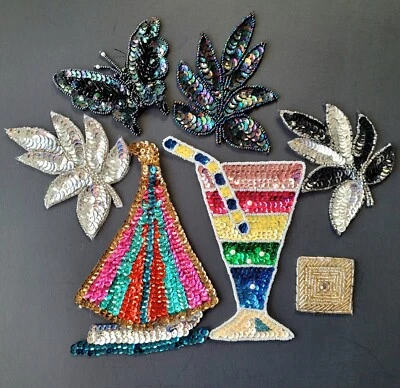 7 Vintage Sequin Beaded Patches Butterfly Flowers Sailboat Cocktail Glass Design - Image 1 of 4