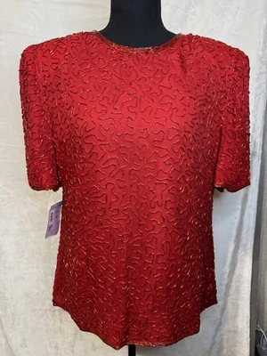 Top rojo Lawrence Kazar de colección L 100 % seda con cuentas cóctel noche nuevo con etiquetas glamuroso Foto 1 de 4