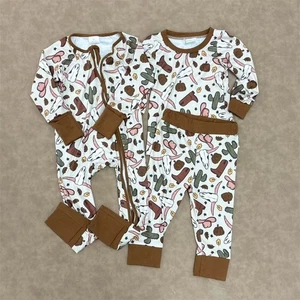 Sibling Baby Boys Western Bull Skull Pumpkin Cactus Rompers Pajamas Clothes Sets - Picture 1 of 5