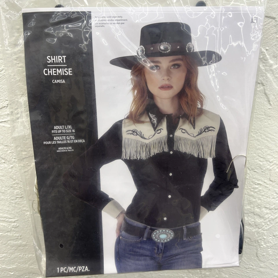 Cowgirl Shirt Costume Adult S/M Black Fringe 1Pc - Image 1 of 4