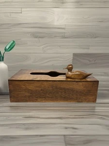 Vintage Wooden Tissue Box Hand Carved Wood-Duck Sits A top Cabin Rustic Cottage - Picture 1 of 12