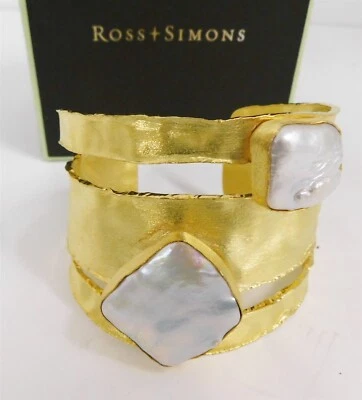 Nuevo brazalete Ross Simons martillado oro sobre plata barroco perla con caja 56,7 gramos Foto 1 de 4