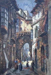 Expressionist Südliche Stadszene Häusergasse Personen Ölbild 55 x 38 cm  - Bild 1 von 12