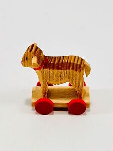 Vintage Miniature Dollhouse Wooden Cow on Wheels Pull Toy Made In Germany GDR