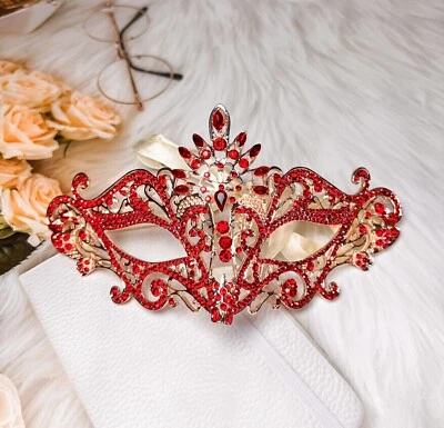 Masquerade Mask Luxury Ruby Red Crystal, Rhinestone Eye Mask, Elegant Party Mask - Image 1 of 4