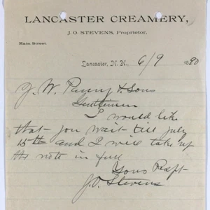 Lancaster Creamery Letterhead Lancaster New Hampshire J O Stevens 1890 - Picture 1 of 3