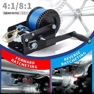 Heavy Duty 3200LBS Hand Winch Hand Crank 2 Gear Polyester Strap ATV Trailer Boat - Picture 1 of 12