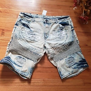 Blue Cult Jean Shorts Mens 46 Blue Distressed Ripped Destroyed Bleached NWOT - Picture 1 of 9