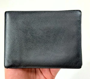 Prada Saffiano Leather Logo Black Men Bifold Wallet With Coin Pocket - Picture 1 of 15