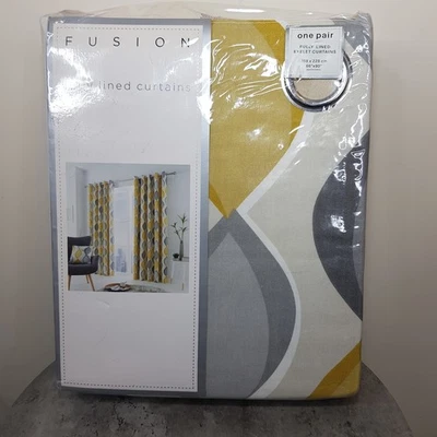 Fusion Lennox Grey Yellow Eyelet Curtains 66"x90" Fully Lined New In Packaging  - Image 1 of 4