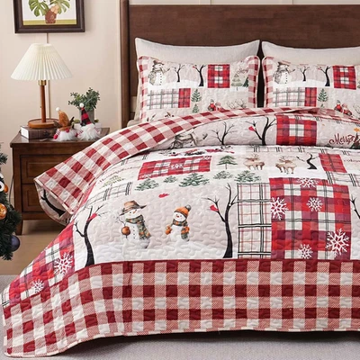 3 Pieces King Christmas Quilt Set, Rustic Buffalo Plaid Quilt Bedding Sets Rever - Image 1 of 4
