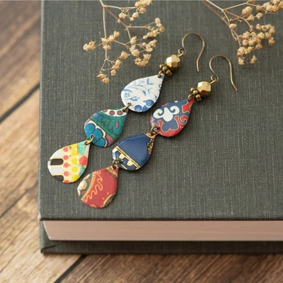 Long Colorful Boho Recycled Tin Earrings – Gold Hematite Antiqued Brass Hooks - Image 1 of 4