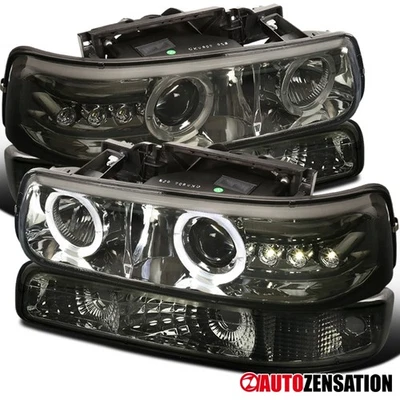 Fit 1999-2002 Chevy Silverado 1500 Halo Projector Smoke Headlights+Bumper Lamps Foto 1 de 4