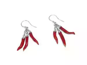 Earrings of Red Coral pendants with horn good luck and Italy 925 Sterling Silver - Picture 1 of 2