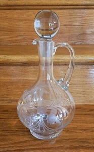 Carafe Decanter W Stopper VTG Floral Etched Glass 12.5x6" - Picture 1 of 10