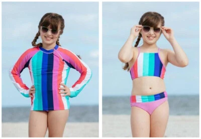 CABANA LIFE Niñas 7/8 Cabana Rayas UPF 50 Rashguard y Bikini Conjunto de Natación Nuevo con Etiquetas Foto 1 de 4