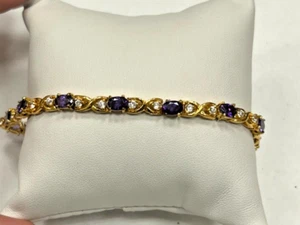 Yellow Gold Plated Sterling 7.5 Inch Tennis Bracelet Oval Amethysts And CZs - Picture 1 of 5