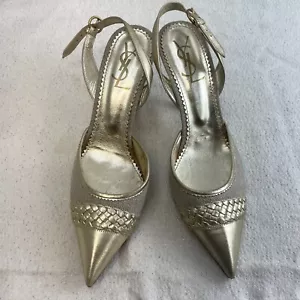 Yves Saint Laurent YSL Cuero Dorado Eslinga Trasera Tacones Italia Punta Punta Punta Talla 39,5 - Imagen 1 de 24