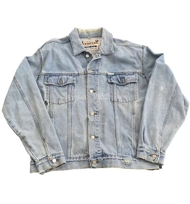 Vintage GUESS USA TRUCKER DENIM JACKET Stonewashed Distressed GREEN TRIANGLE LG - Imagem 1 de 4