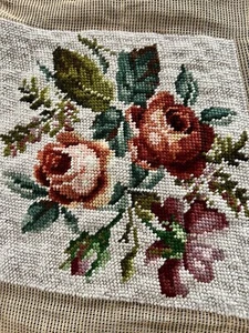 New Completed Wool Needlepoint Piece Canvas Pillow Seat Cover Floral Roses - Picture 1 of 4